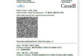 An example of the QR code being provided through CANImmunize starting Oct. 1. The Government of Canada and Government of Nova Scotia logos are visible at the top. 