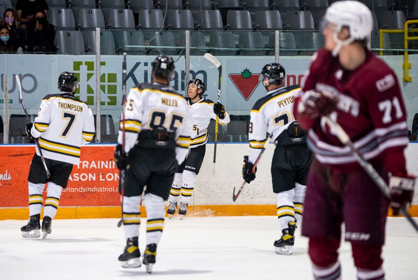 Dalhousie Tigers players celebrate a goal against the Saint Mary’s Huskies in AUS men’s hockey action on Saturday.  The Tigers won 4-3. – Trevor MacMillan