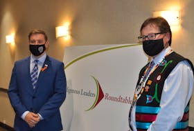 Qalipu First Nation Chief Brendan Mitchell (right) participated in the Premier-Indigenous Leaders’ Roundtable with Premier Andrew Furey at the Greenwood Inn and Suites in Corner Brook on Tuesday, Oct. 12.