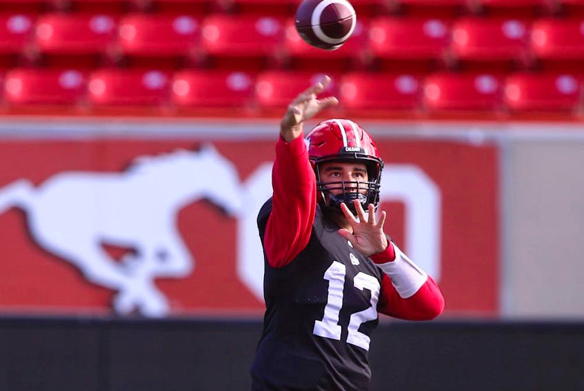 Calgary Stampeders quarterback Jake Maier throws during practice at McMahon Stadium in Calgary on Tuesday, Sept. 28, 2021.