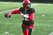  Stampeders quarterback Jake Maier throws during practice at McMahon Stadium in Calgary on Thursday, Sept. 30, 2021.