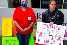 Nicole Fraser, left, and Patsie Woodfine, both of Sydney Mines, were among a small band of supporters at a rally Tuesday at the Sydney Justice Centre. They were there to lend support to Susan Arsenault, whose 10-year-old daughter, Talia Neveah Forrest, was killed while riding her bike on July 11, 2019. Some in the group are angered at how long it is taking to get the case to trial while others felt the accused should never have been released and should be in jail awaiting trial.
