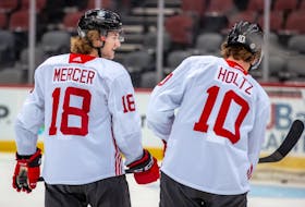 Dawson Mercer and Alex Holtz were forwards taken in the first round of the 2020 NHL Entry Draft by the New Jersey Devils, but while Holtz has been assigned to the AHL's Utica Devils, Mercer is starting the new season in New Jersey. — New Jersey Devils/Facebook