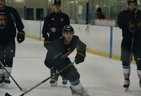 Nathan Noel (16) participates in a drill on the first day of the Newfoundland Growlers' training camp at the Glacier in Mount Pearl. — Keith Gosse/The Telegram