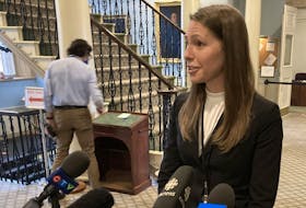 Education Minister Becky Druhan talks with media about the COVID test kit program Thursday, Oct. 14, 2021, at Province House in Halifax.