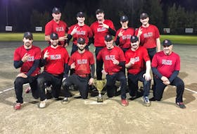The Brookfield Elks repeated as Shooters Bar & Grill Fastball League champs with a 10-0 win over the Halifax Bandits Oct. 12 in Lantz to sweep the best-of-five final. Team members, front row, from left, are Jeremy Locke, Jay Duffy, Coby Crowell, Mike Wood, Trent MacKeil and Nolan Osborne. Second row, Patrick Stewart, Gerald Wall, Justin Schofield, Cam Euloth and Alex Rhoddy. Missing from photo were Brad MacKinnon and Jacob Bowers.