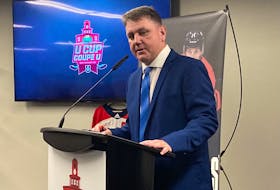 Acadia Axemen head coach Darren Burns speaks at a news conference Thursday in Halifax. Acadia will host the U Sports University Cup hockey championship, March 17-20, 2022 at Scotiabank Centre. – GLENN MacDONALD / SALTWIRE NETWORK
