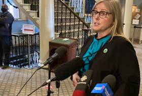 Karla MacFarlane, minister of L'nu affairs, speaks to reporters at Province House in Halifax on Thursday, Oct. 14, 2021.