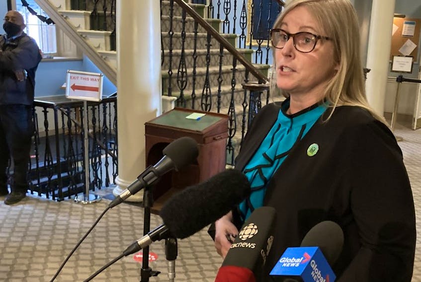 Karla MacFarlane, minister of L'nu affairs, speaks to reporters at Province House in Halifax on Thursday, Oct. 14, 2021.