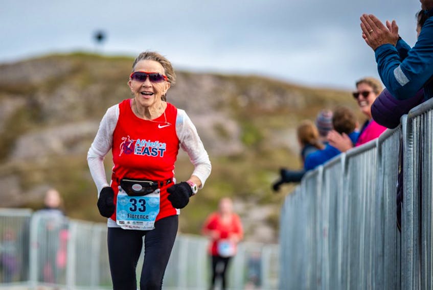 Florence Barron reaches the Signal Hill finish line of the 2019 Cape to Cabot. The 83-year-old Barron is entered in the race again this year. — Contributed/capetocabot.com