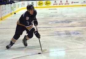 Charlottetown Islanders defenceman Oscar Plandowski controls the puck during a recent Quebec Major Junior Hockey League (QMJHL) game at Eastlink Centre. Plandowski, a draft pick of the Detroit Red Wings, is in his third season with the Islanders.