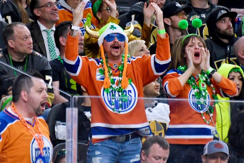 Edmonton Oilers fans react in the third period of the team's game against the Vegas Golden Knights at T-Mobile Arena on March 17, 2019 in Las Vegas, Nevada. The Golden Knights defeated the Oilers 6-3.