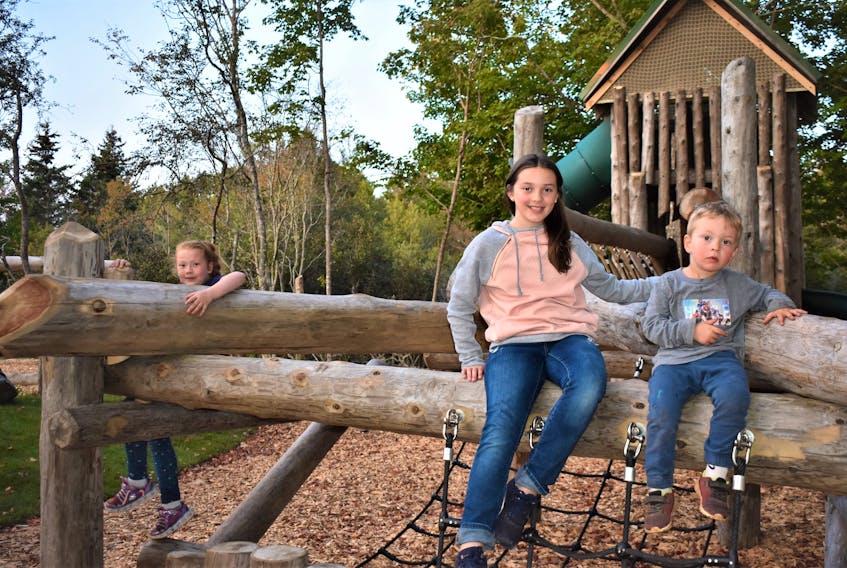 Local youngsters Charlee Winter (left), and Danica and Gavin Hebert, enjoy the ‘log run’, which is part of the new Portapique Community Hall playground.