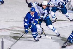 That the Toronto Marlies tabbed Jeremy McKenna (41) to promote from the Newfoundland Growlers when they found themselves in need of a forward wasn't surprising; the 22-year-right-winger from Summerside, P.E.I., appeared in 28 games for the Marlies last season, including this May contest against Jeff Mallot (39) and the Manitoba Moose in Toronto. — Toronto Marlies photo/Christian Bonin/TSGphoto.com