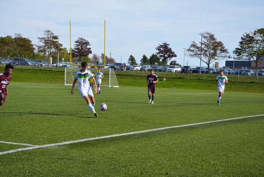 Kasper Lasia in action against the Saint Mary’s Huskies earlier this season. Lasia scored two goals to help the UPEI Panthers to a 3-0 win over the Mount Allison Mounties in Atlantic University Sport men’s soccer action in Sackville, N.B., on Oct. 16.