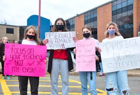 Students, from left, Reegan Perry, Maggie Powers, Abby Rogerson and Kennedy Curley helped organize a walkout at Charlottetown Rural High School on Oct. 19 after getting frustrated with what they say is a lack of response to their complaints from school administration.