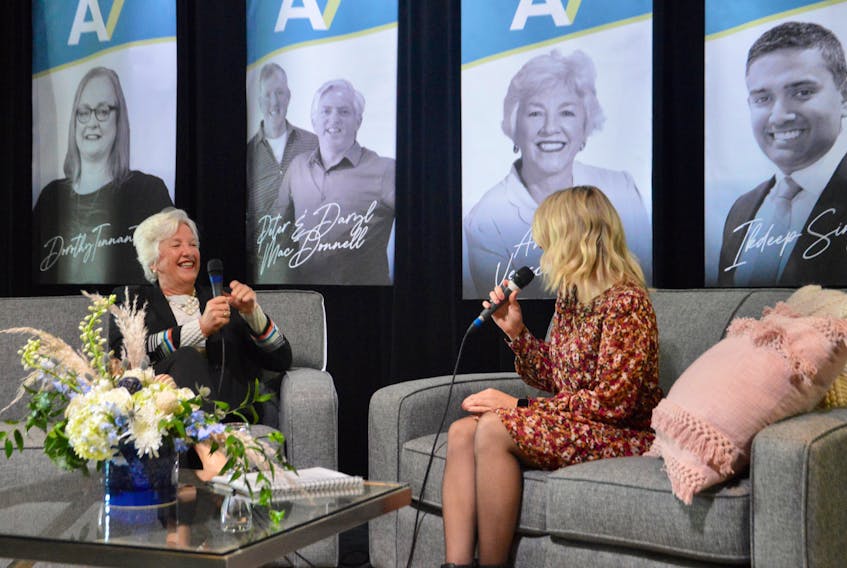 Annette Verschuren, left, chats with Cape Breton Regional Chamber of Commerce CEO Kathleen Yurchesyn during the official launch of the renowned businesswoman’s new Bet On Me podcast that was officially launched during a noontime event at the Joan Harriss Cruise Pavilion on the Sydney waterfront. DAVID JALA/CAPE BRETON POST
