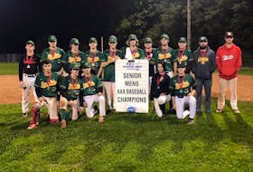 The Three Oaks Axemen captured the P.E.I. School Athletic Association senior baseball championship recently. The Axemen scored a 3-2 come-from-behind win over the Charlottetown Rural Raiders in the gold-medal game at Memorial Field in Charlottetown. Members of the Axemen are, front row, from left: Brayden Kirev, Hayden Ellis, MacKenzie DesRoche, Claire Keough and Mitchell Burns. Back row: Rankin Noye, Maddix Dekkur, Coleson Dodds, Owen Lynch, Kendall Burns, Evan MacDougall, Cody McCormack, Jacob Dunn, Riley Molyneaux, Kent Blenkhorn and Pete Keedwell.