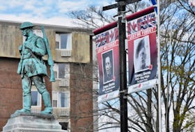 Some of the veterans banners that are being displayed near the cenotaph in the Town of Yarmouth. TINA COMEAU • TRICOUNTY VANGUARD