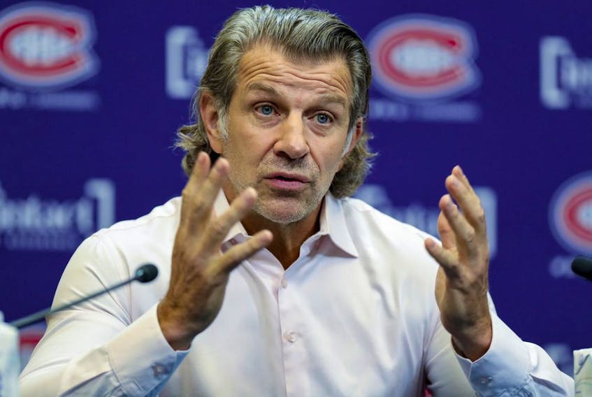Montreal Canadiens general manager Marc Bergevin during a news conference at the Bell Sports Complex in Brossard on Oct. 7, 2021.  
