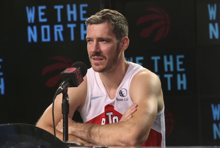 Toronto Raptors guard Goran Dragic speaks to reporters.