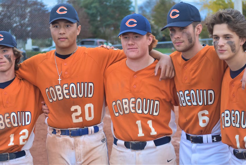 CEC seniors who played their final baseball game for the Cougars in the SSNS final versus Lockview were Bryan Spence (left), John Decoste, Colby Spencer, Zach Dykstra, and Michael Peters.