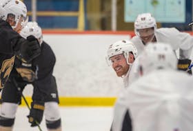 Forward and assistant captain Todd Skirving smiles during a recent Newfoundland Growlers practice. Skirving is back for a third season with Newfoundland, meaning he has a good understanding of the Growlers' unique travel schedule. — Newfoundland Growlers photo/Jeff Parsons