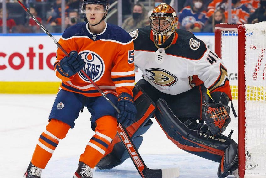 Edmonton Oilers forward Kailer Yamamoto (56) and Anaheim Ducks goaltender Anthony Stolarz (41) follow the play during the first period at Rogers Place. 