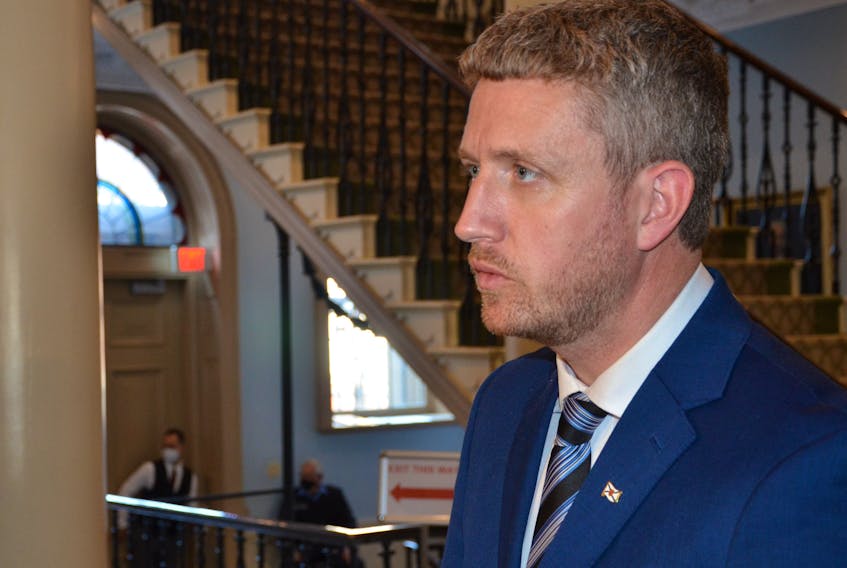 Iain Rankin, leader of the Liberal party, speaks to media at Province House in Halifax on Thursday, Oct. 21, 2021.