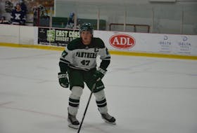 Defenceman and team captain Owen Headrick scored one of the goals for the UPEI Panthers in a 5-2 loss to the Saint Mary’s Huskies on Oct. 20. The Huskies hosted the Atlantic University Sport men’s hockey game at the Dauphinee Centre.