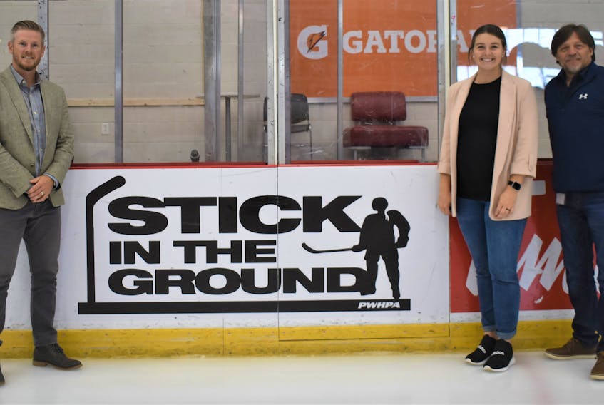 Cole Harbour native Alexis Crossley joins Rath Eastlink Community Centre general manager Matt Moore (left) and director of events Kevin Bushey for a photo following a recent tour of the facility. Crossley, a marketing and events consultant for the Professional Women’s Hockey Players’ Association, was visiting the venue in advance of the Nov. 12 and 13 Secret Dream Gap Tour.