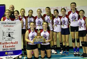 The East Wiltshire Warriors defeated the Queen Charlotte Coyotes 2-0 (25-17, 2512) to win the Charlottetown-based school’s first-ever Callaghan Girls Volleyball Classic title. The recent 45th edition of the longest-running junior high volleyball tournament. M.E. Callaghan Intermediate School in Profits Corner hosts the annual event. Members of the Warriors are, front row, from left: Lauryn Woodworth and Rachel MacFadyen. Back row: Mava Gauthier, head coach Phil Woodworth, Abby Mahoney, Halle Murray, Kayla Story, Reagan Hunter, Ariah Pot, Jocelyn Landry, Peyton Peters, Sophia Butler and Rebekah Woodworth. Missing from the photo is assistant coach Melissa MacKinnon.