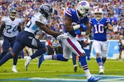  Duke Williams of the Buffalo Bills scores a touchdown against the Tennessee Titans at Nissan Stadium in Nashville, Tenn., on Oct. 6, 2019.