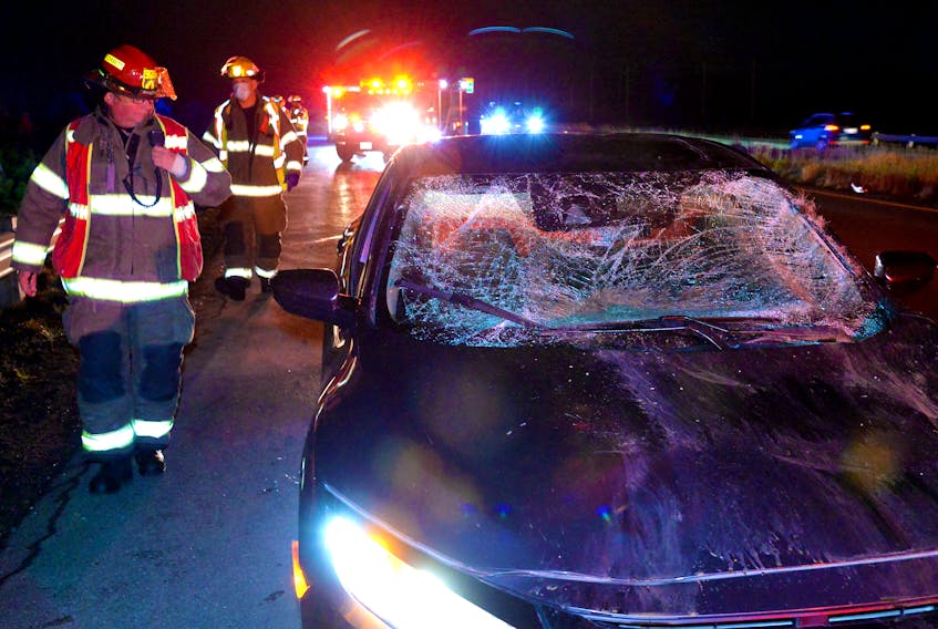 Four people escaped serious injuries following a moose-vehicle collision Saturday night.