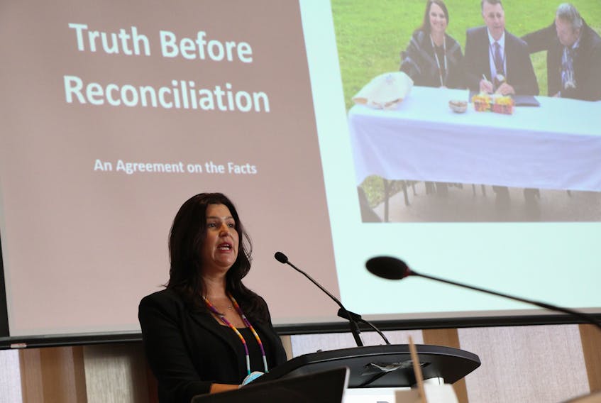 Jenene Wooldridge speaks at the mayor’s congress at the Delta Hotel in Charlottetown yesterday afternoon. Rafe Wright • Special to The Guardian