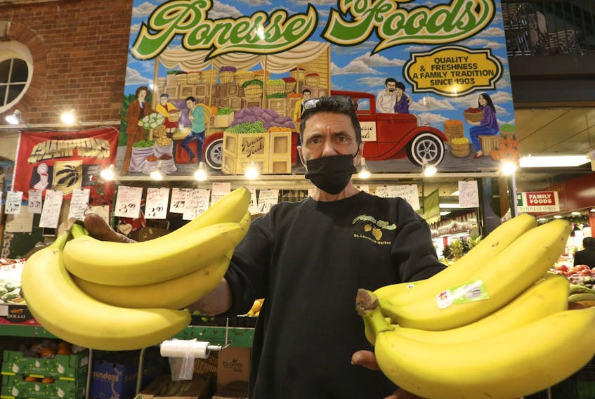 Mario Aricci of Ponesse Foods at St. Lawrence Market said prices for his fruits and vegetables have skyrocketed recently and he has noticed a decline in clientele in the overall Market. Jack Boland/Toronto Sun