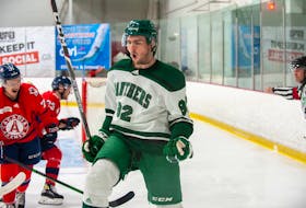 Dani Antropov of the UPEI Panthers celebrates a first-period goal on Oct. 23. Antropov’s goal at 8:47 gave the Panthers a 3-0 lead and that’s how the Atlantic University Sport Men’s Hockey Conference game at MacLauchlan Arena would finish. Janessa Hogan Photo/UPEI Athletics