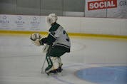 Jonah Capriotti prepares for a shot during an Atlantic University Sport Men’s Hockey Conference game at MacLauchlan Arena earlier this season. Capriotti registered a 21-save shutout in UPEI’s 3-0 victory over the Acadia Axemen on Oct. 23.