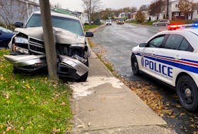 There were no injuries after a pickup crashed into a pole in St. John's monday afternoon.