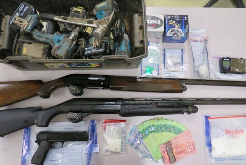 Charlottetown Police Services recovered several items stolen from a home on St. Peter's Road, including firearms and ammunition, alongside a quantity of drugs and cash as well as items from other unrelated thefts, while searching a suspect's home on Saturday, Oct. 23. 