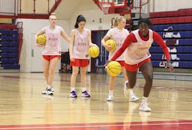 Elizabeth Iseyemi dribbles into the paint during a recent Acadia Axewomen practice in preparation for the 2021-22 Atlantic University Sport season.