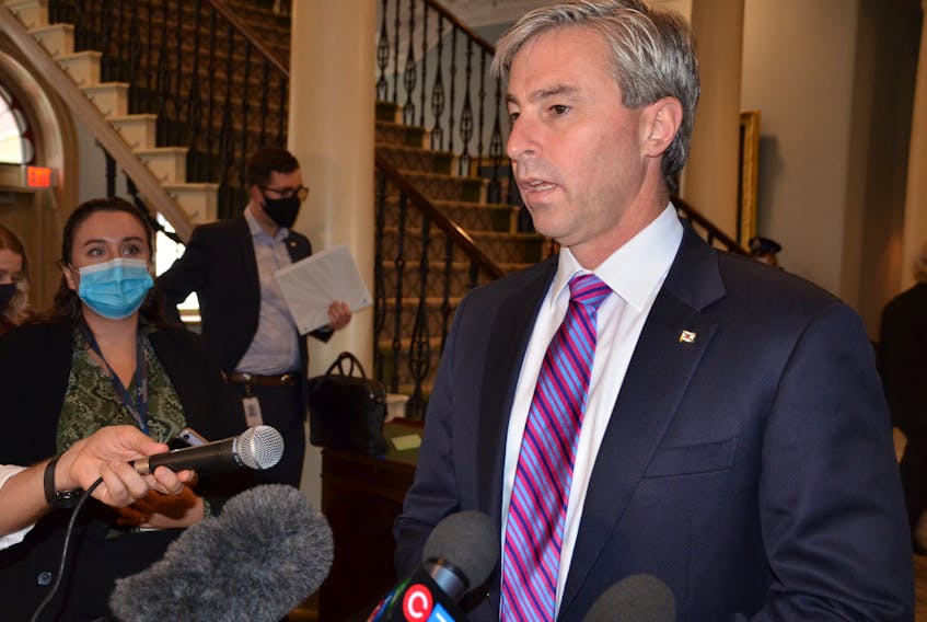 Premier Tim Houston addresses the media at Province House in Halifax on Tuesday, Oct. 26, 2021.