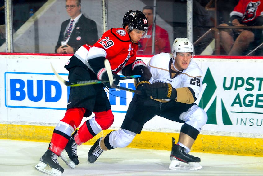 Newfoundland Growlers defenceman Noel Hoefenmayer (22) fends off Adirondack Thunder forward Robbie Payne during an ECHL game in Glens Falls, N.Y., on Saturday, The Growlers won 3-2, giving them a 3-0 record heading into a matchup with the Trois Rivieres Lions tonight. — Adirondack Thunder photo/Twitter