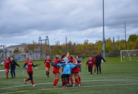 The Acadia Axewomen celebrate after winning the Atlantic University Field Hockey League (AUFHL) championship in Charlottetown on Oct. 24. The Axewomen defeated the host UPEI Panthers 2-1 in the championship game. Acadia last won an Atlantic university field hockey championship in 1957.
