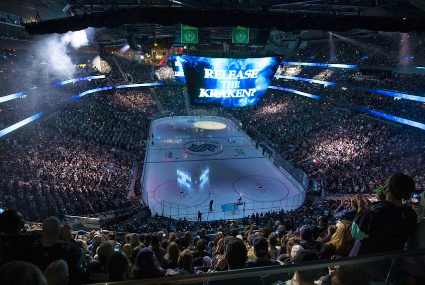 General view of Climate Pledge Arena before a game between the Seattle Kraken and Vancouver Canucks. 