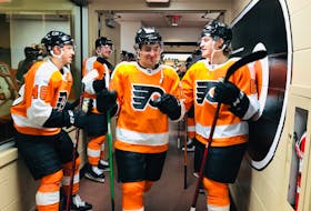 Elliot Desnoyers prepares to take the ice for his first NHL pre-season game with the Philadelphia Flyers on Oct. 4. - PHILADELPHIA FLYERS