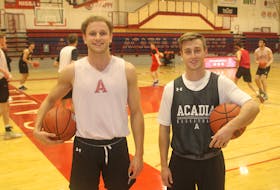Acadia Axemen Rowan Power, left, and Jack Tilley are excited to begin the Atlantic University Sport basketball season.
Jason Malloy

