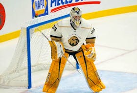 The Growlers' Keith Petruzzelli is the first winner of the ECHL's goaltender of the week award for the 2021-22 season. — Photo via ECHL