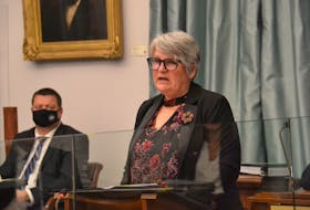 P.E.I. Finance Minister Darlene Compton presents the province's 2021 capital budget in the legislature on Tuesday, Oct. 26, 2021. The budget includes $212.1 million in spending in 2022-23 and almost $840.4 million in spending over five years.