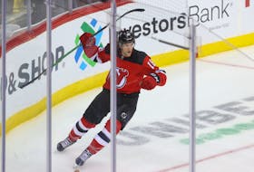 New Jersey Devils center Dawson Mercer (18) celebrates his goal during the third period of their game against the Calgary Flames at Prudential Center, Tuesday, Oct. 26.